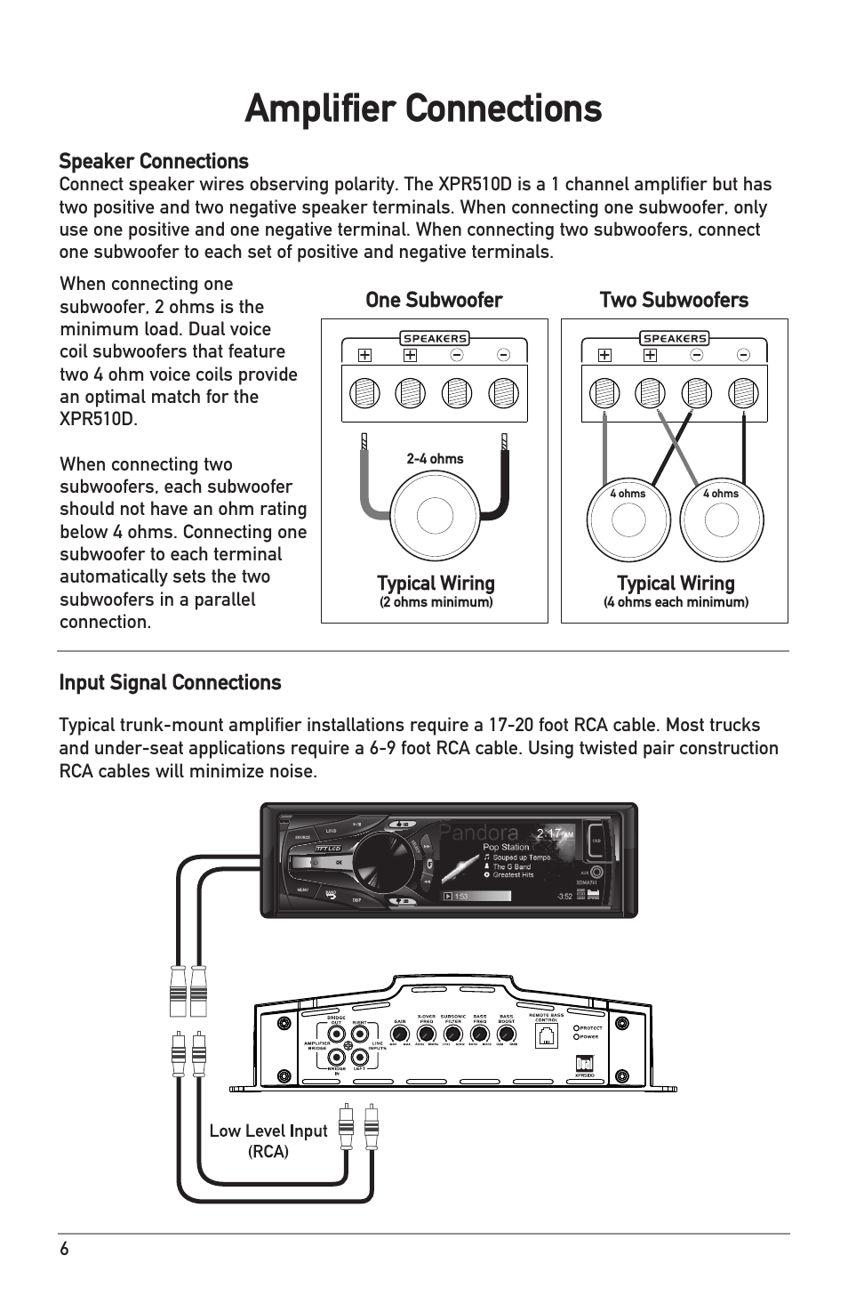 Amplifier connections, Speaker connections, Input signal connections | One subwoofer, Two subwoofers | Dual Electronics XPR510D User Manual | Page 6 / 12