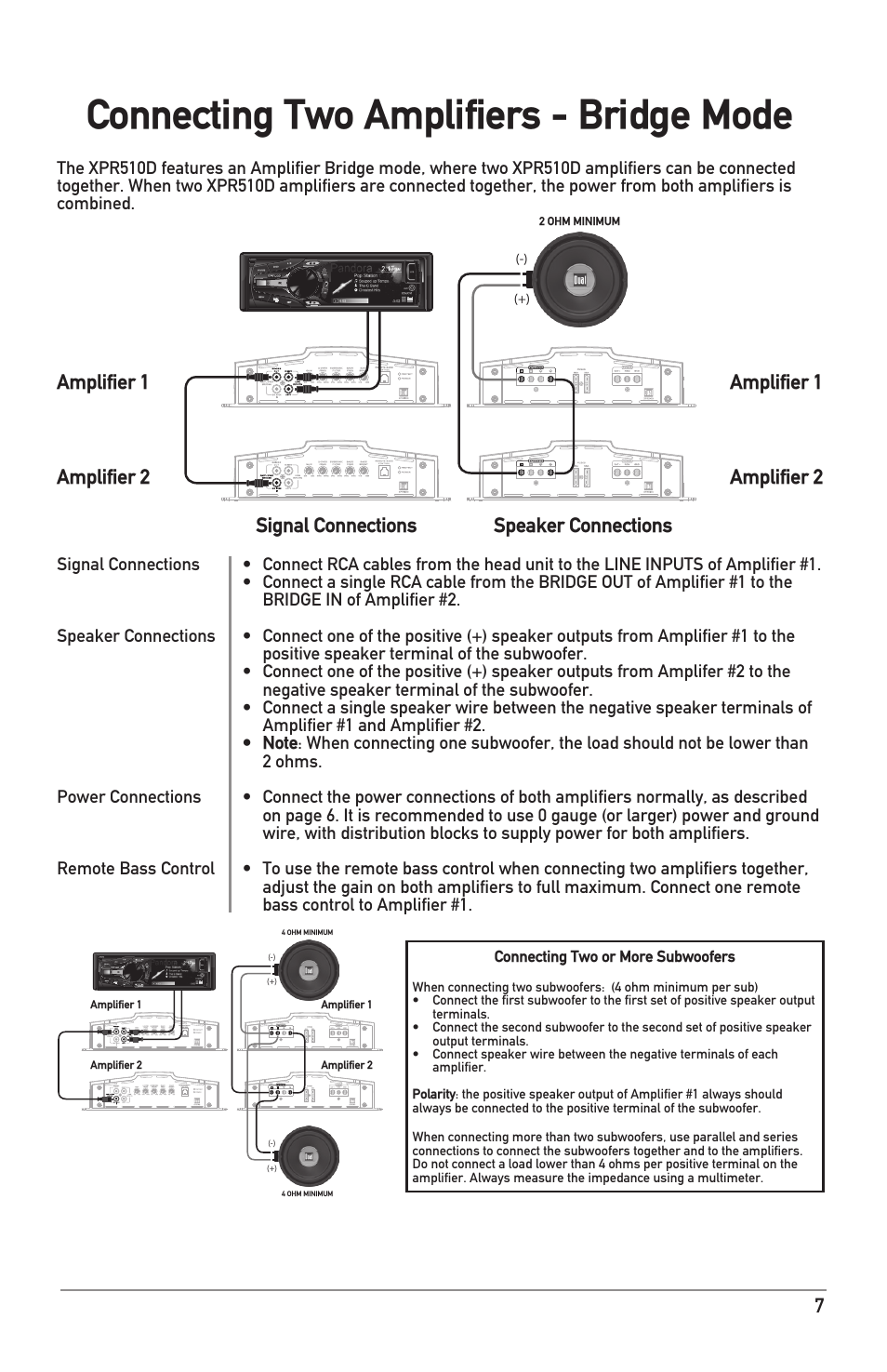 Connecting two amplifiers - bridge mode, Amplifier 1 | Dual Electronics XPR510D User Manual | Page 7 / 12