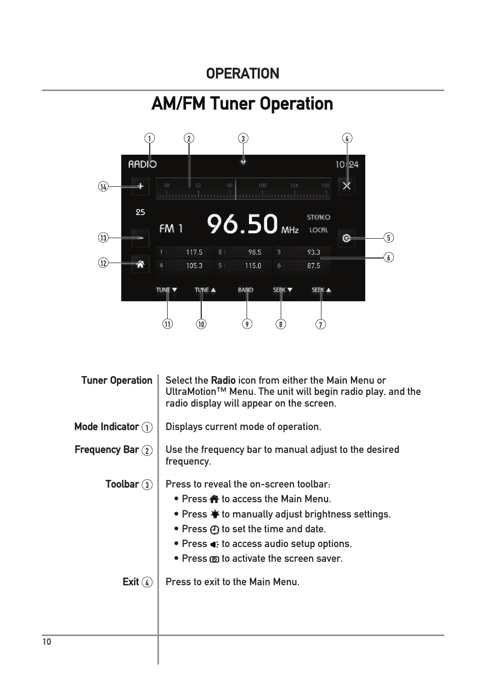 Am/fm tuner operation, Operation | Dual Electronics DXV3D User Manual | Page 10 / 36