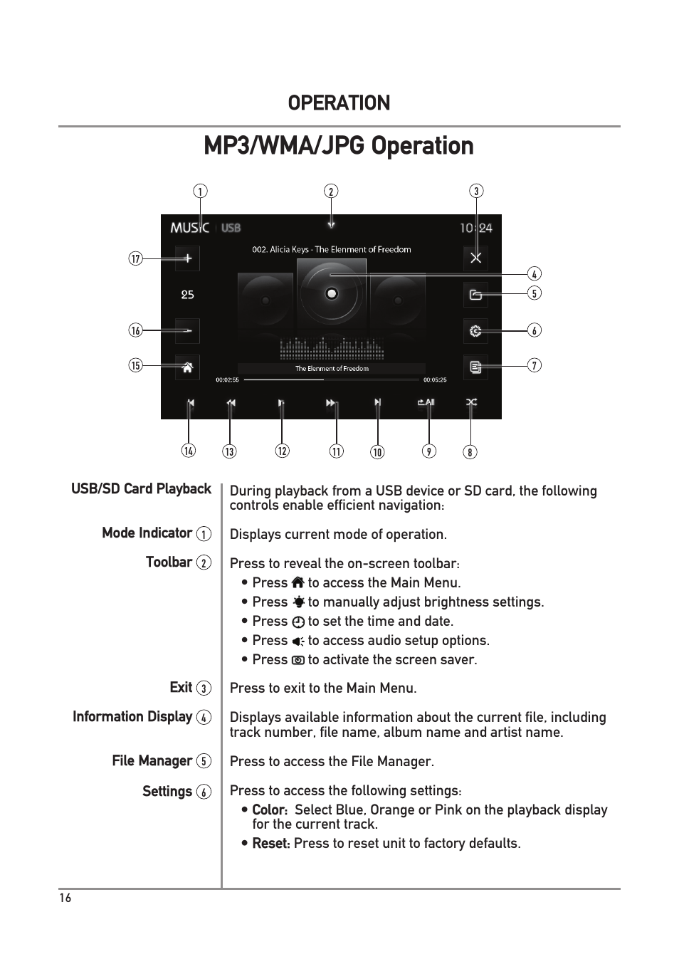 Mp3/wma/jpg operation, Operation | Dual Electronics DXV3D User Manual | Page 16 / 36