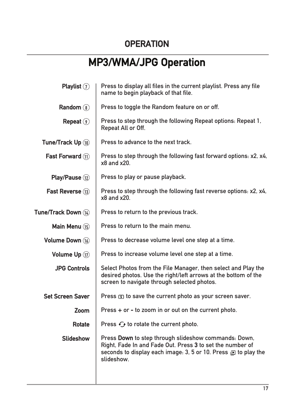 Mp3/wma/jpg operation, Operation | Dual Electronics DXV3D User Manual | Page 17 / 36