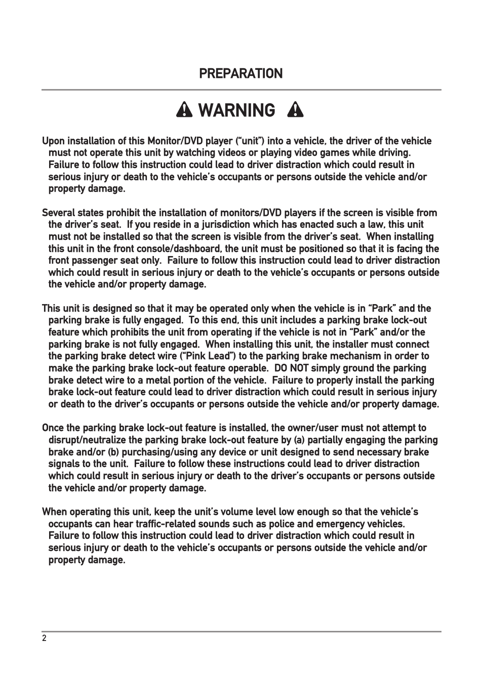 Warning, Preparation | Dual Electronics DXV3D User Manual | Page 2 / 36