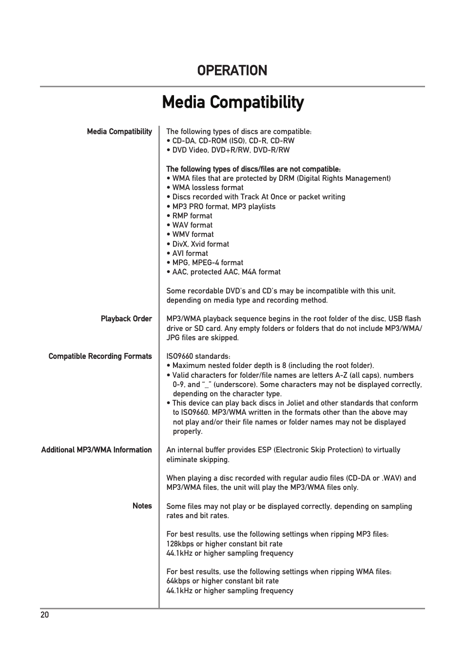 Media compatibility, Operation | Dual Electronics DXV3D User Manual | Page 20 / 36