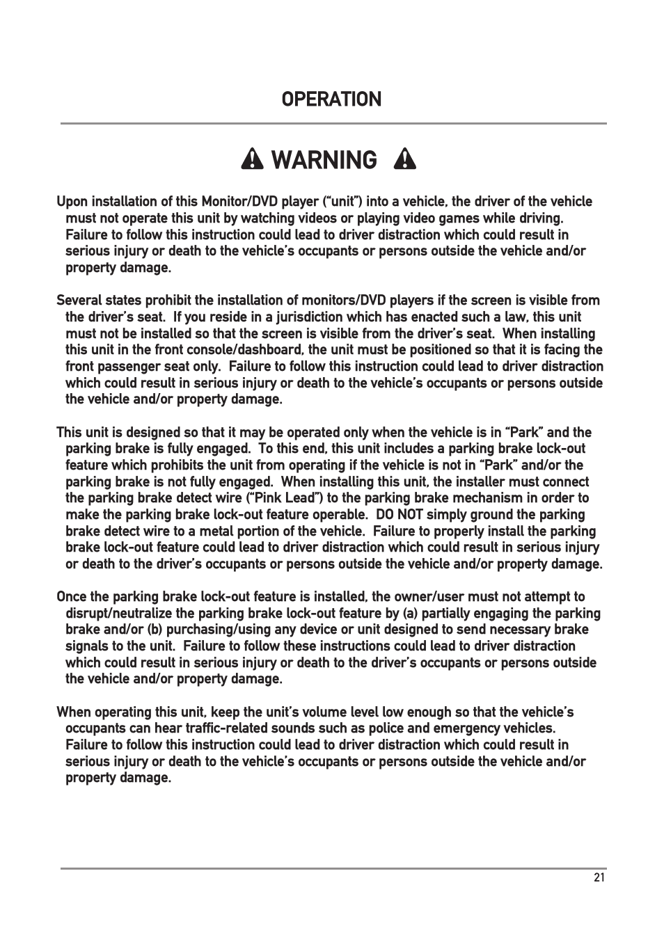 Warning, Operation | Dual Electronics DXV3D User Manual | Page 21 / 36