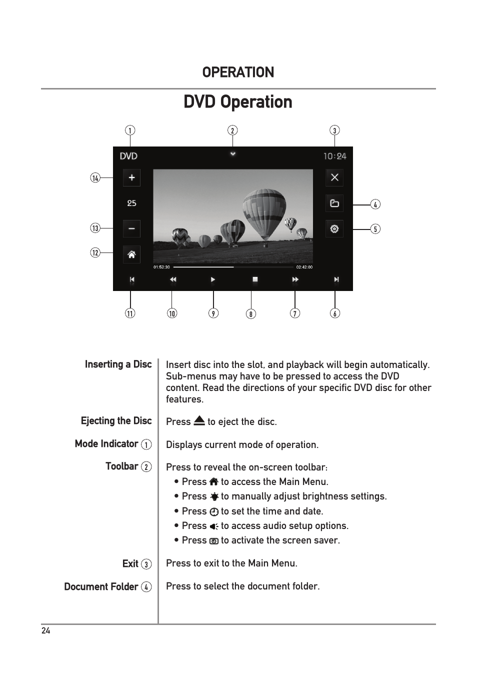 Dvd operation, Operation | Dual Electronics DXV3D User Manual | Page 24 / 36