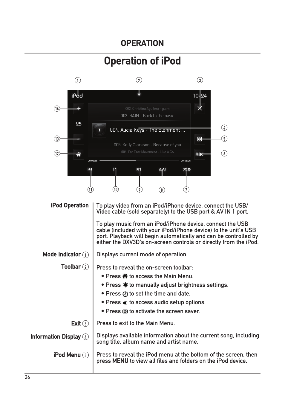 Operation of ipod, Operation | Dual Electronics DXV3D User Manual | Page 26 / 36