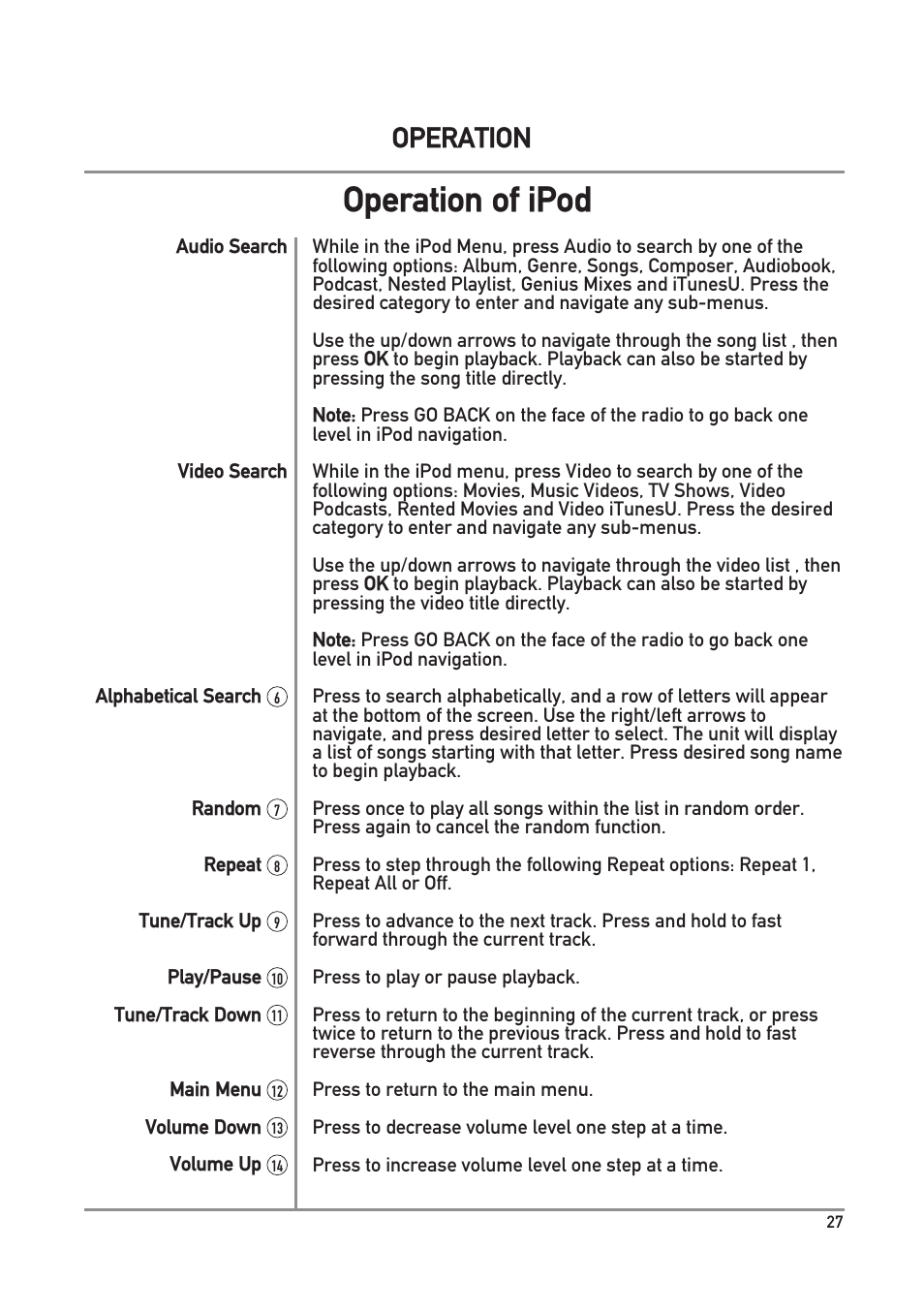 Operation of ipod, Operation | Dual Electronics DXV3D User Manual | Page 27 / 36