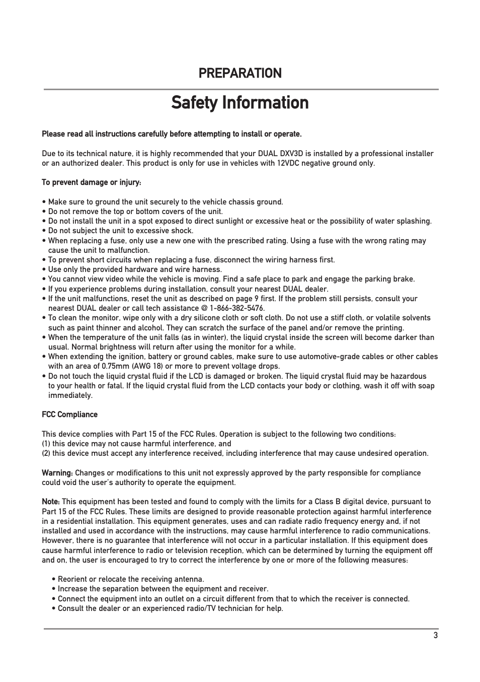 Safety information, Preparation | Dual Electronics DXV3D User Manual | Page 3 / 36