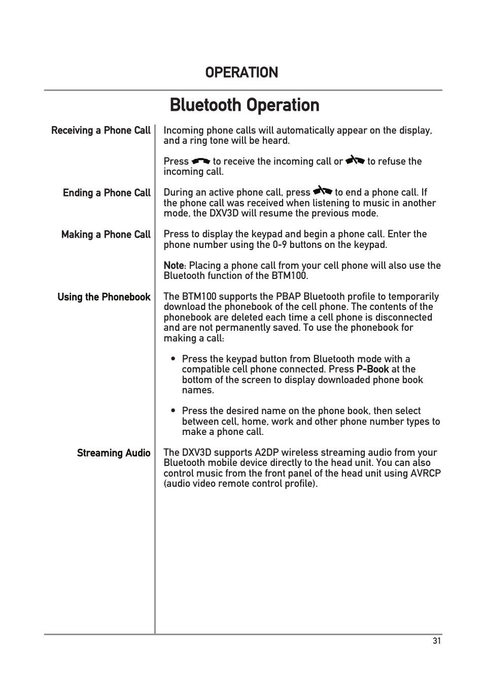 Bluetooth operation, Operation | Dual Electronics DXV3D User Manual | Page 31 / 36
