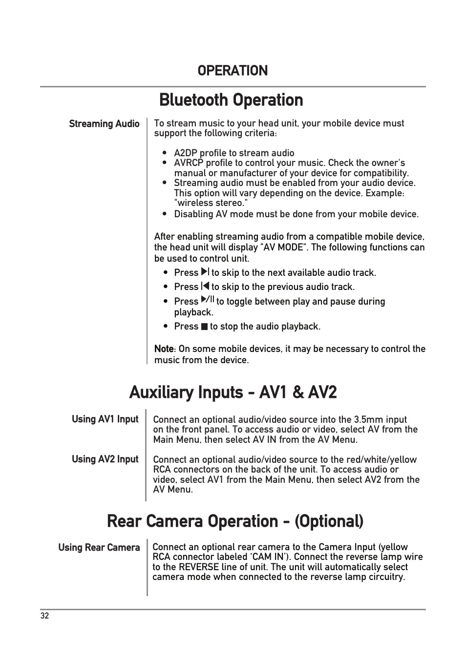 Bluetooth operation, Operation | Dual Electronics DXV3D User Manual | Page 32 / 36