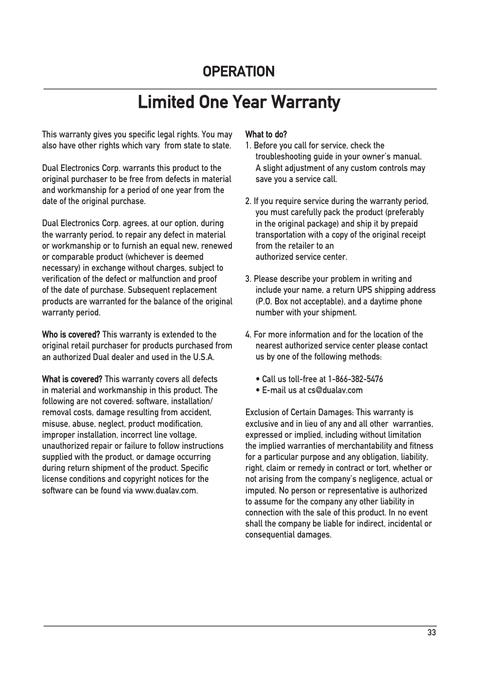 Limited one year warranty, Operation | Dual Electronics DXV3D User Manual | Page 33 / 36