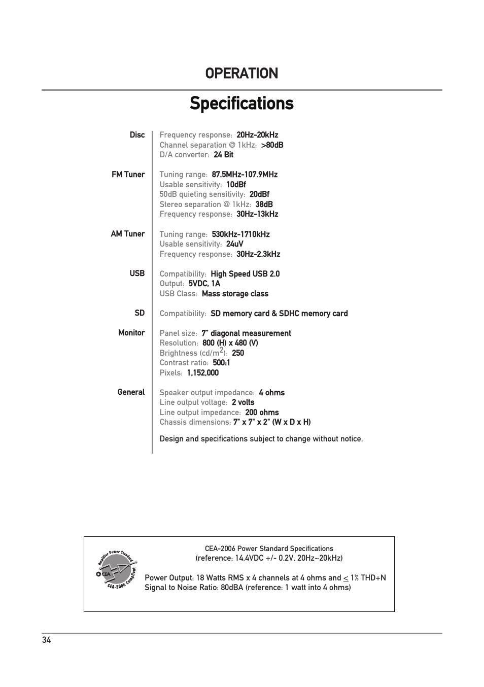 Specifications, Operation | Dual Electronics DXV3D User Manual | Page 34 / 36