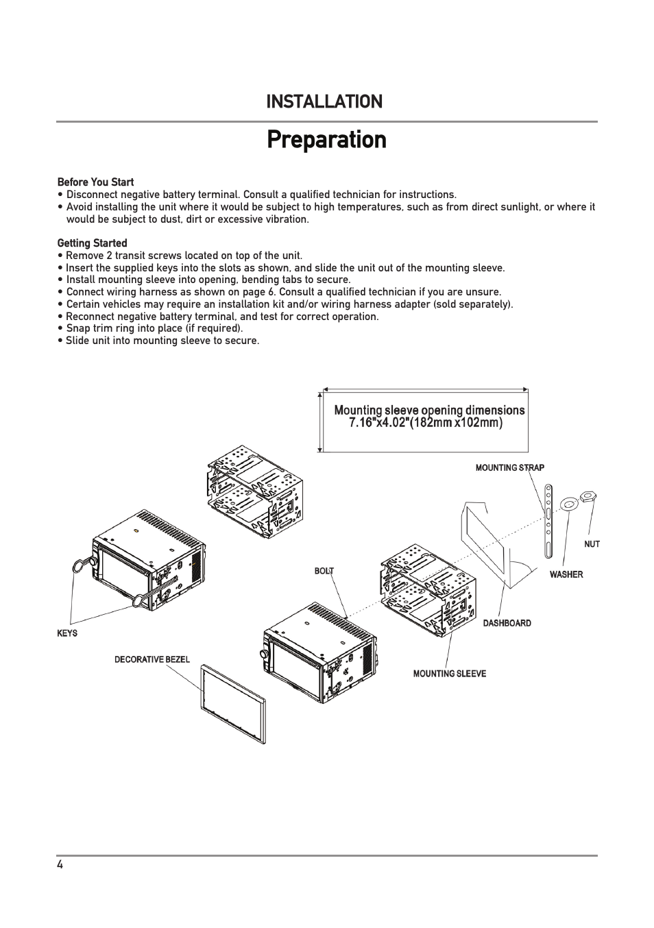 Preparation, Installation | Dual Electronics DXV3D User Manual | Page 4 / 36