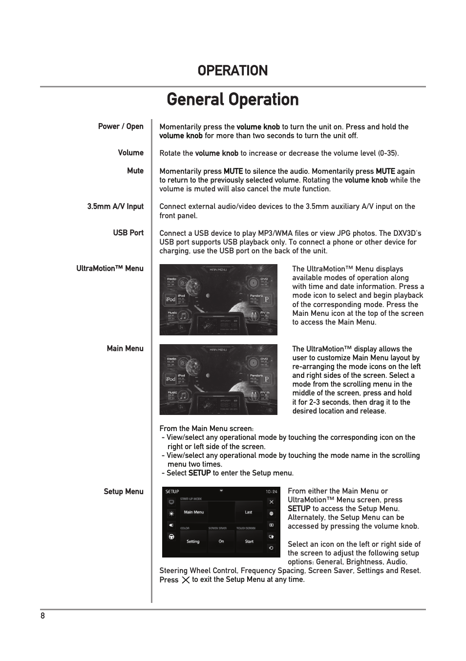 General operation, Operation | Dual Electronics DXV3D User Manual | Page 8 / 36