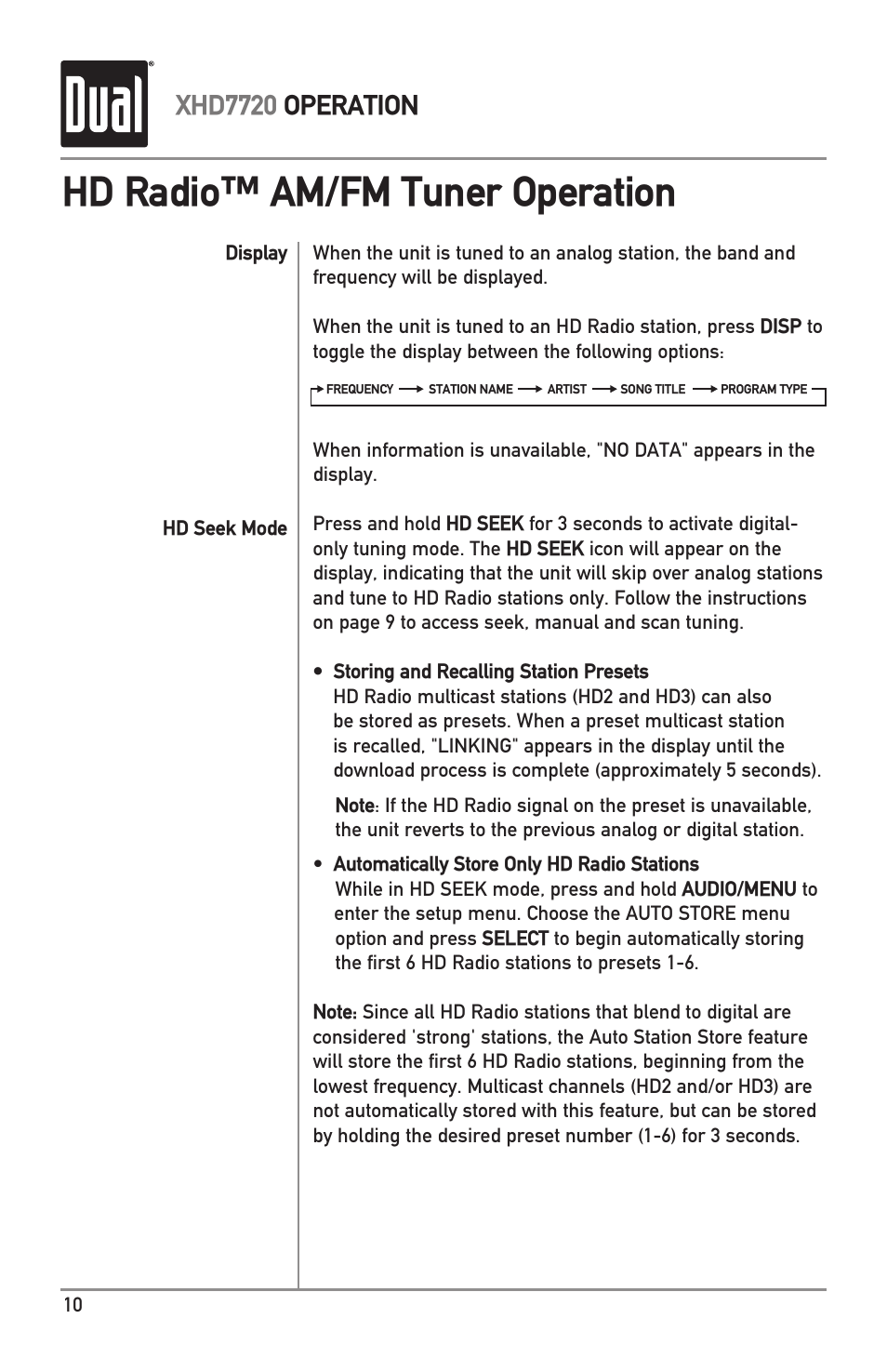 Hd radio™ am/fm tuner operation, Xhd7720 operation | Dual Electronics XHD7720 User Manual | Page 10 / 32