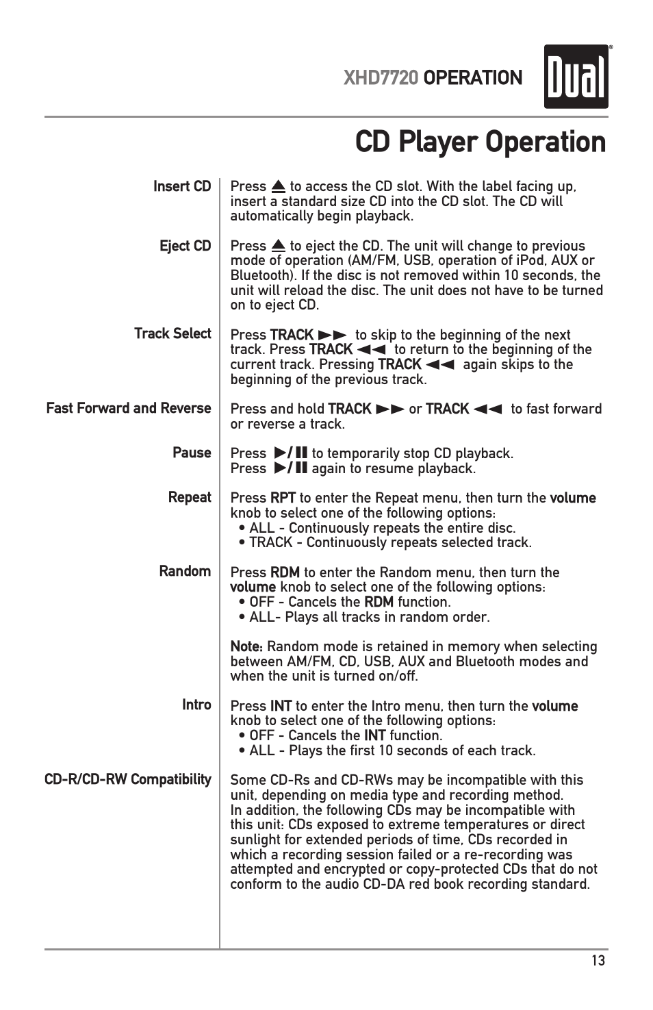 Cd player operation, Xhd7720 operation | Dual Electronics XHD7720 User Manual | Page 13 / 32
