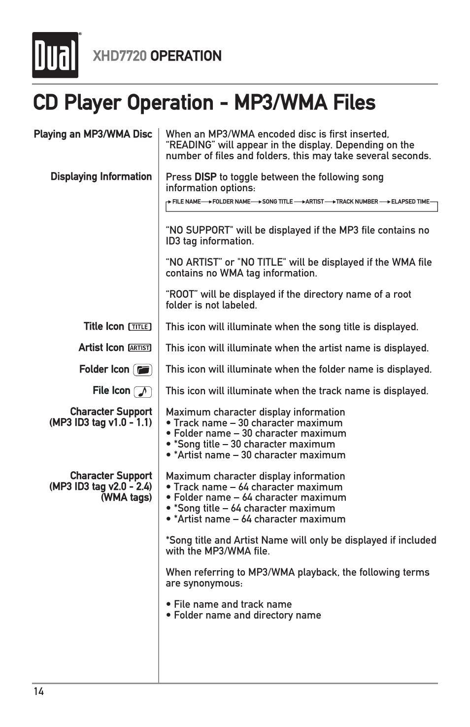 Cd player operation - mp3/wma files, Xhd7720 operation | Dual Electronics XHD7720 User Manual | Page 14 / 32