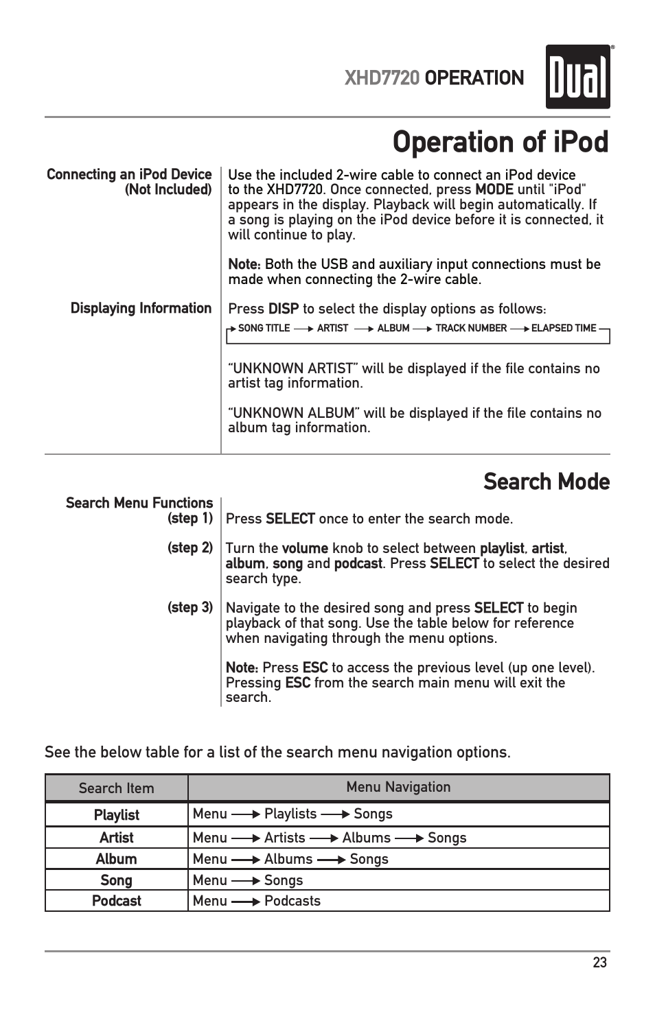 Operation of ipod, Search mode, Xhd7720 operation | Dual Electronics XHD7720 User Manual | Page 23 / 32