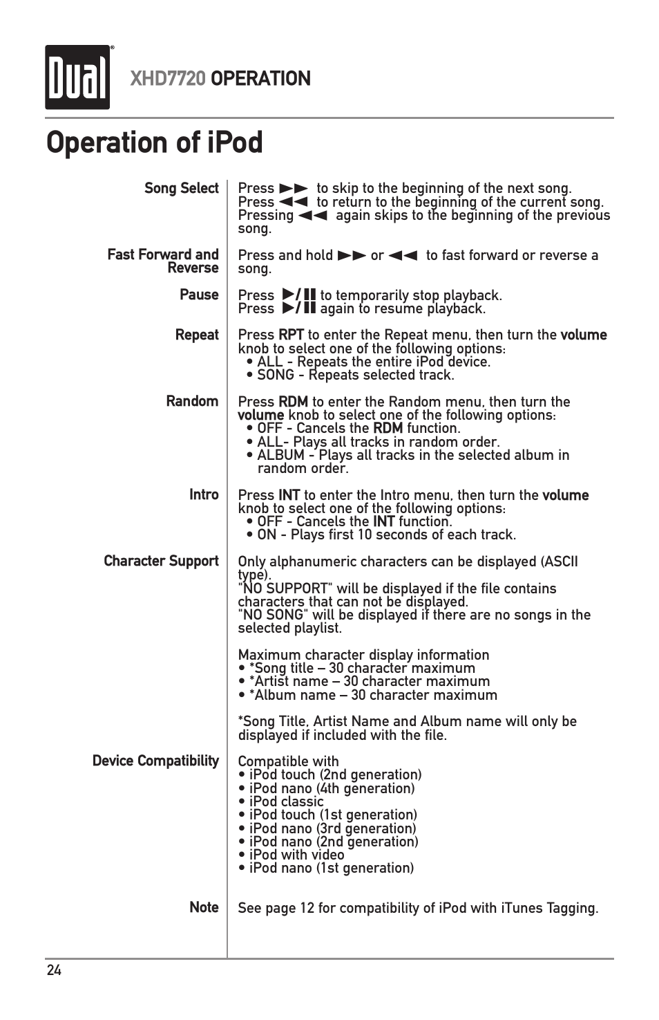 Operation of ipod, Xhd7720 operation | Dual Electronics XHD7720 User Manual | Page 24 / 32