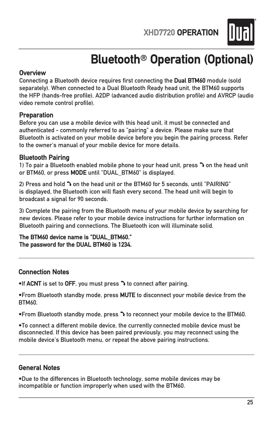 Bluetooth, Operation (optional), Xhd7720 operation | Dual Electronics XHD7720 User Manual | Page 25 / 32