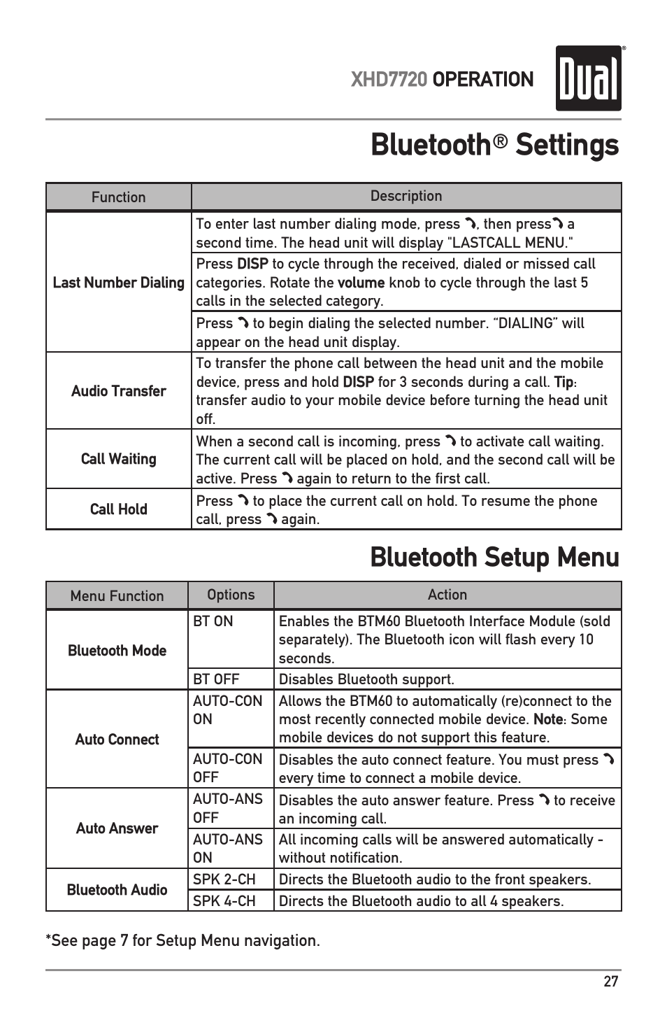 Bluetooth, Settings, Bluetooth setup menu | Xhd7720 operation | Dual Electronics XHD7720 User Manual | Page 27 / 32