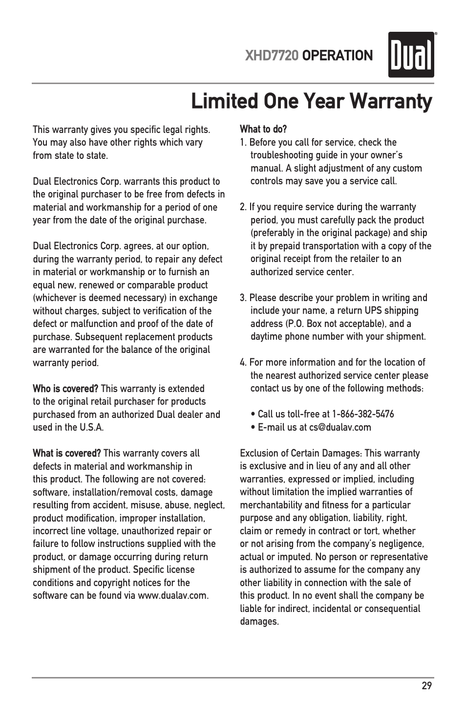 Limited one year warranty, Xhd7720 operation | Dual Electronics XHD7720 User Manual | Page 29 / 32