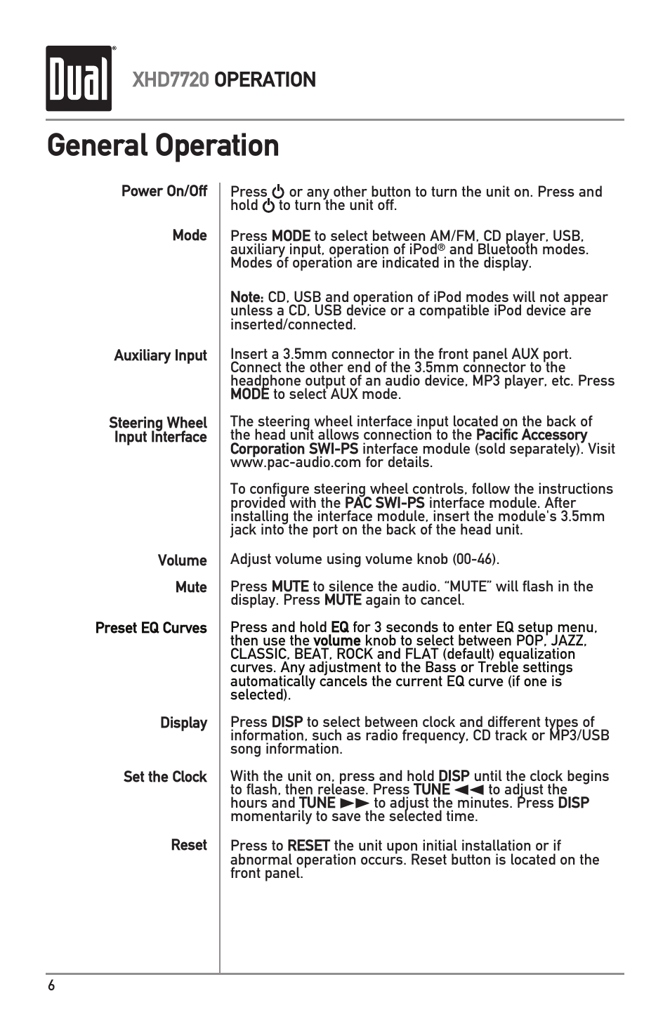 General operation, Xhd7720 operation | Dual Electronics XHD7720 User Manual | Page 6 / 32