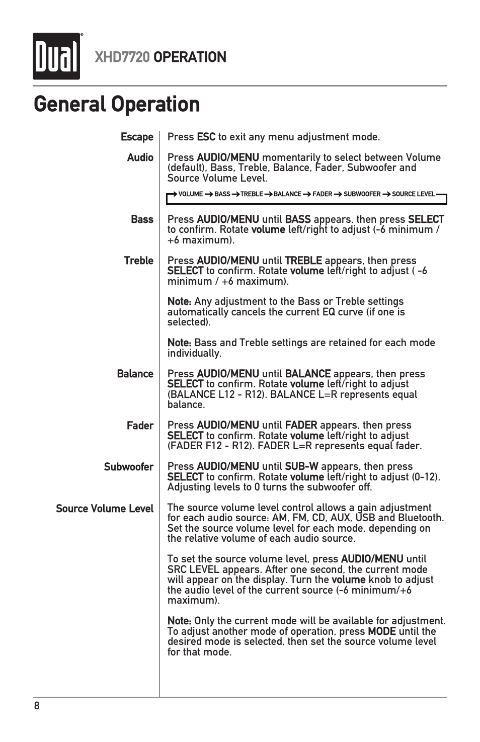 General operation, Xhd7720 operation | Dual Electronics XHD7720 User Manual | Page 8 / 32