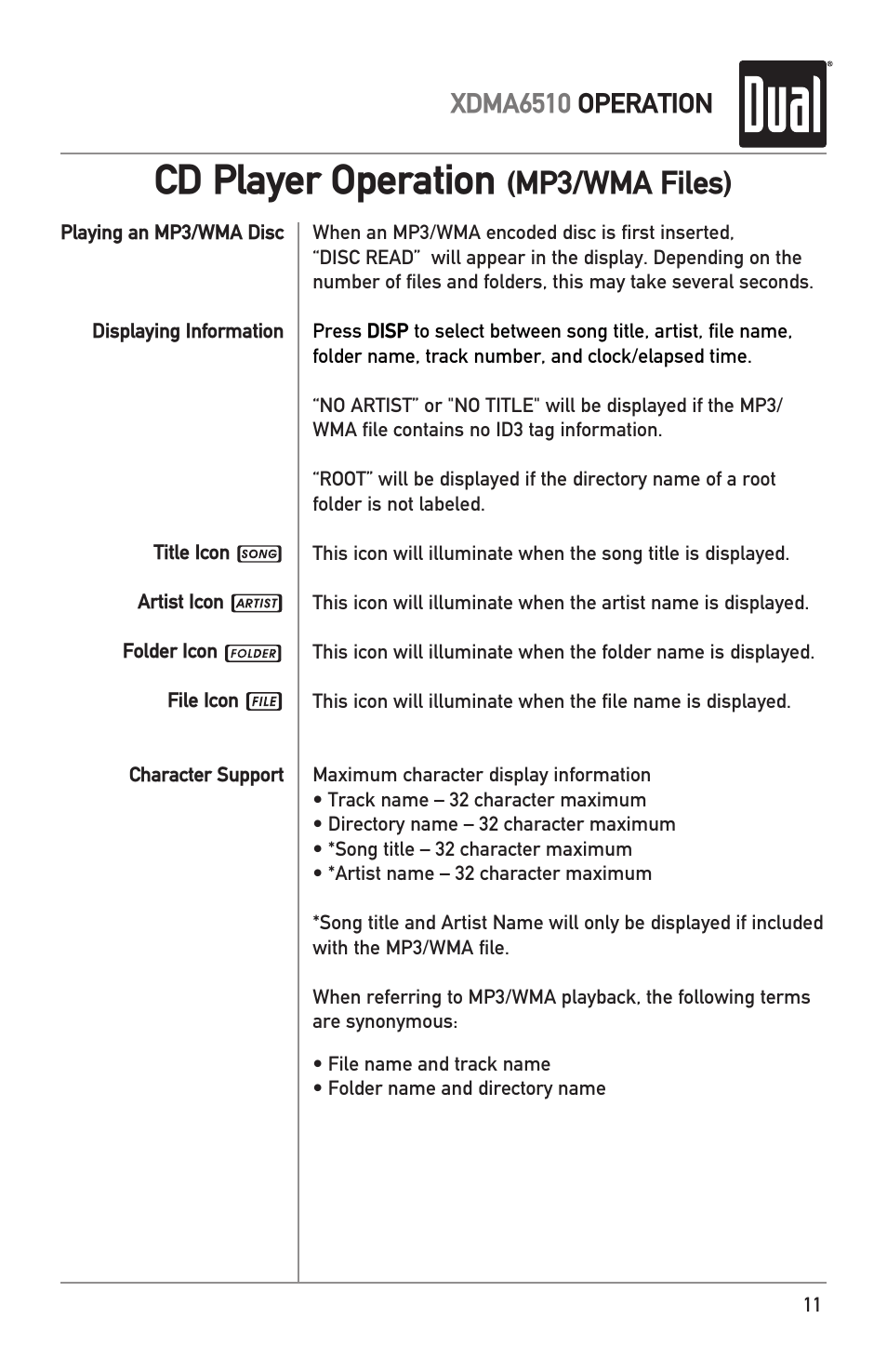 Cd player operation, Mp3/wma files), Xdma6510 operation | Dual Electronics XDMA6510 User Manual | Page 11 / 28