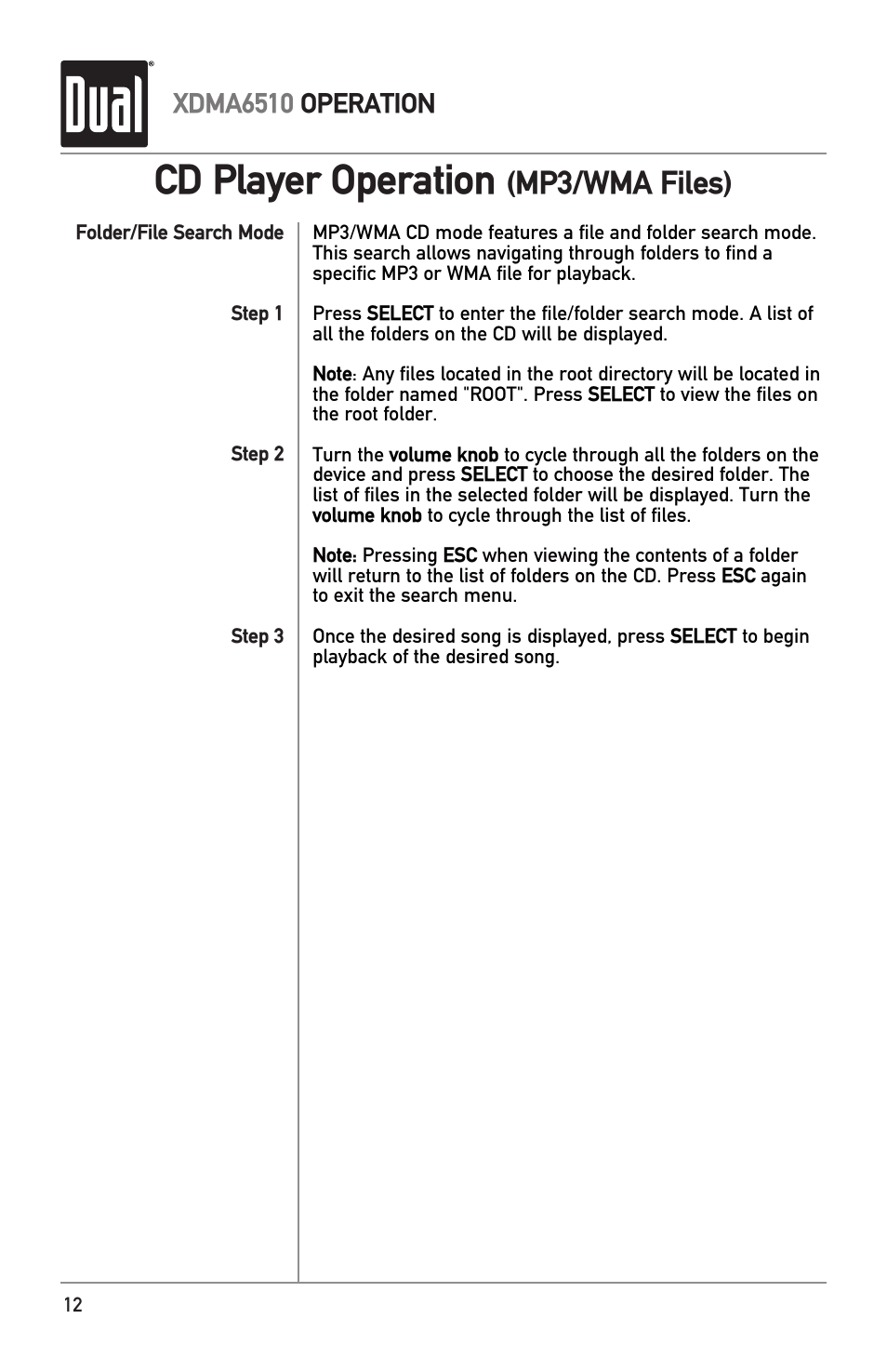 Cd player operation, Mp3/wma files), Xdma6510 operation | Dual Electronics XDMA6510 User Manual | Page 12 / 28