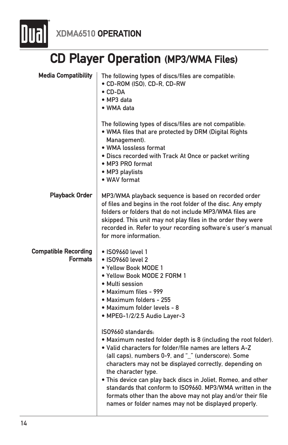 Cd player operation, Mp3/wma files), Xdma6510 operation | Dual Electronics XDMA6510 User Manual | Page 14 / 28