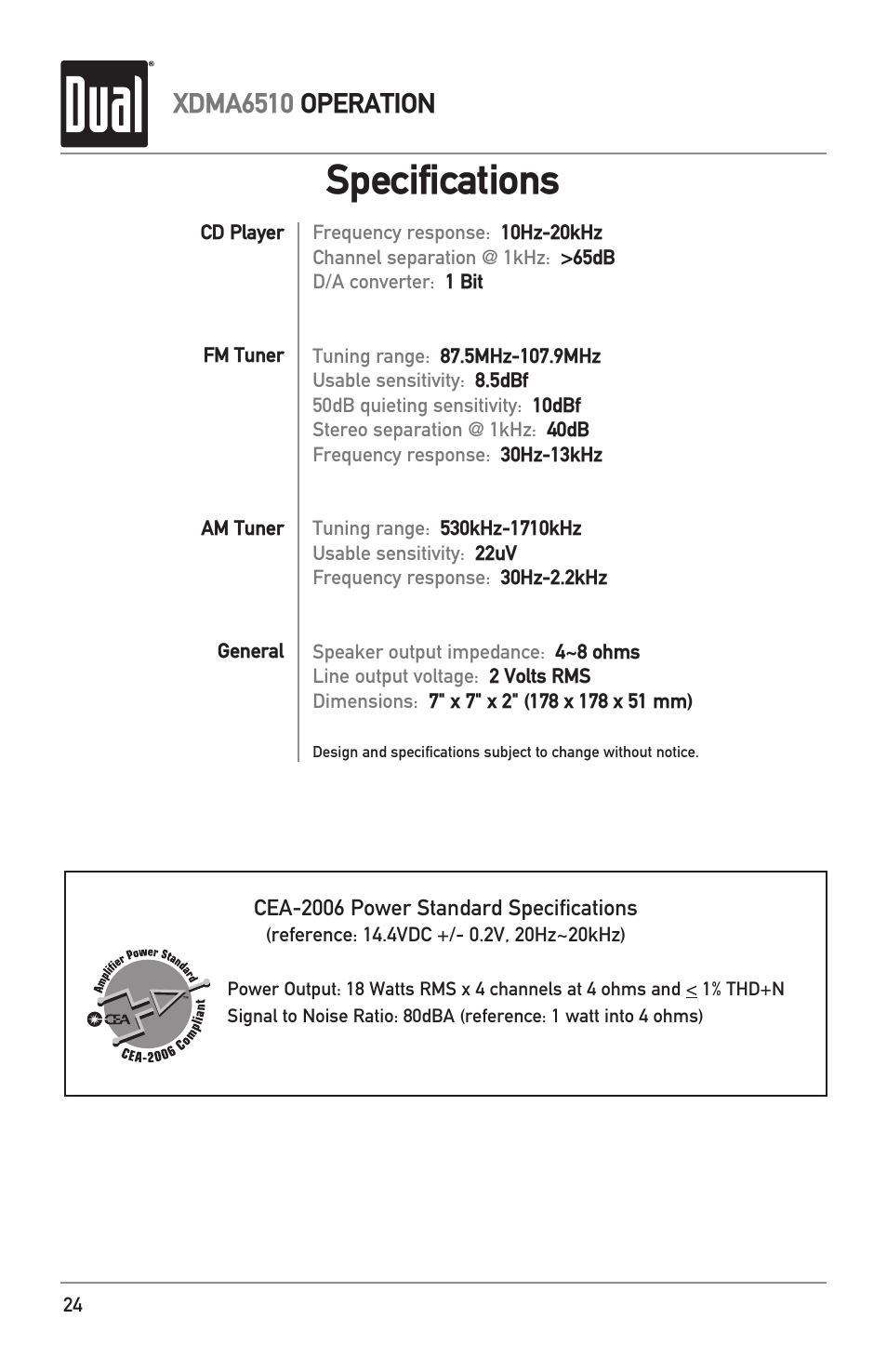 Specifications, Xdma6510 operation | Dual Electronics XDMA6510 User Manual | Page 24 / 28