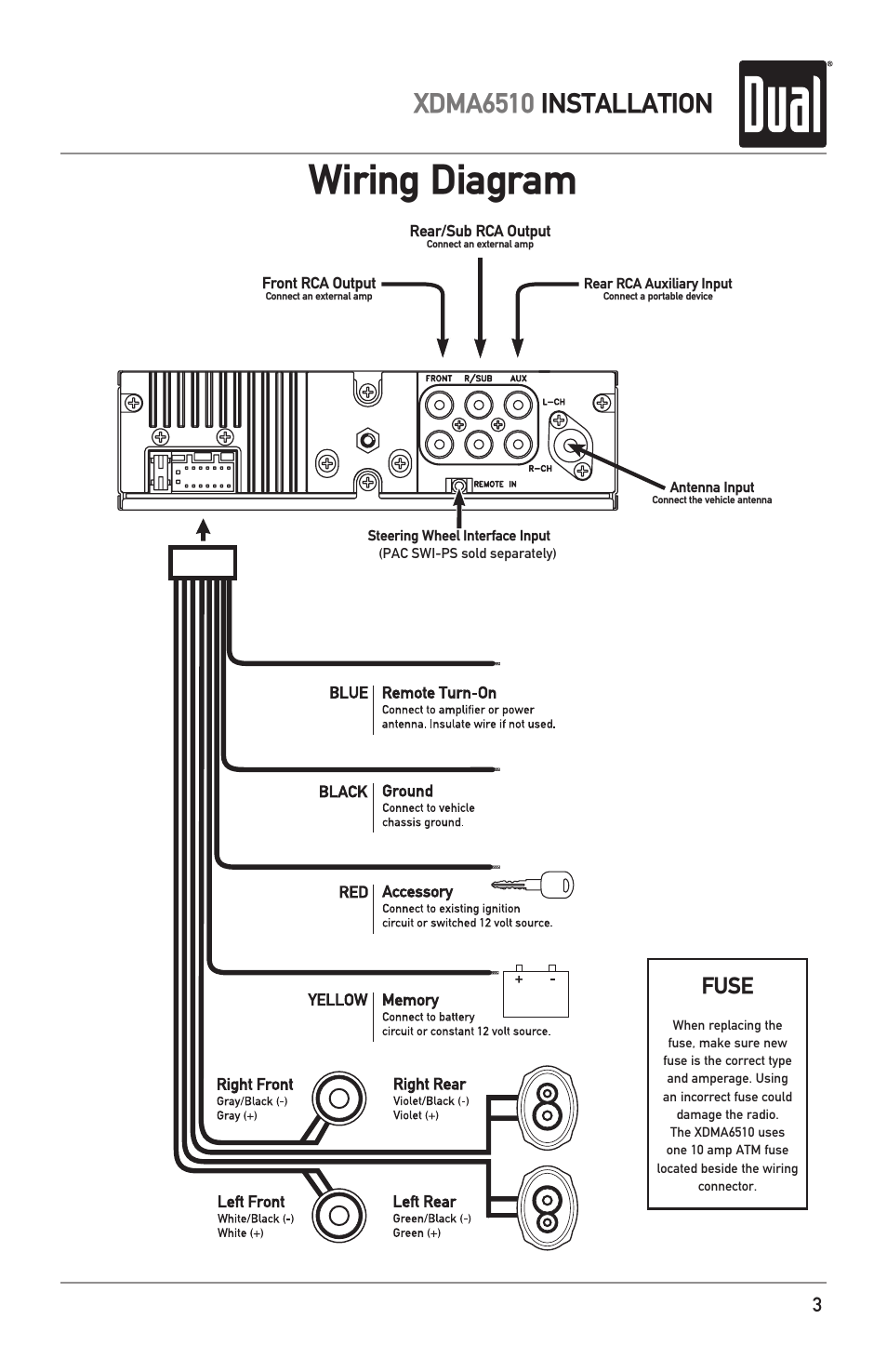 Wiring diagram, Xdma6510 installation, Fuse | Dual Electronics XDMA6510 User Manual | Page 3 / 28