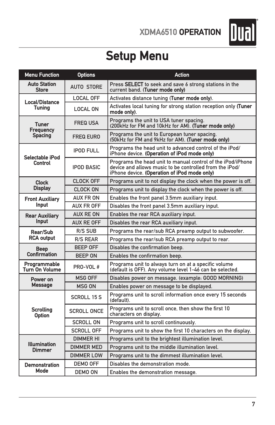 Setup menu, Xdma6510 operation | Dual Electronics XDMA6510 User Manual | Page 7 / 28