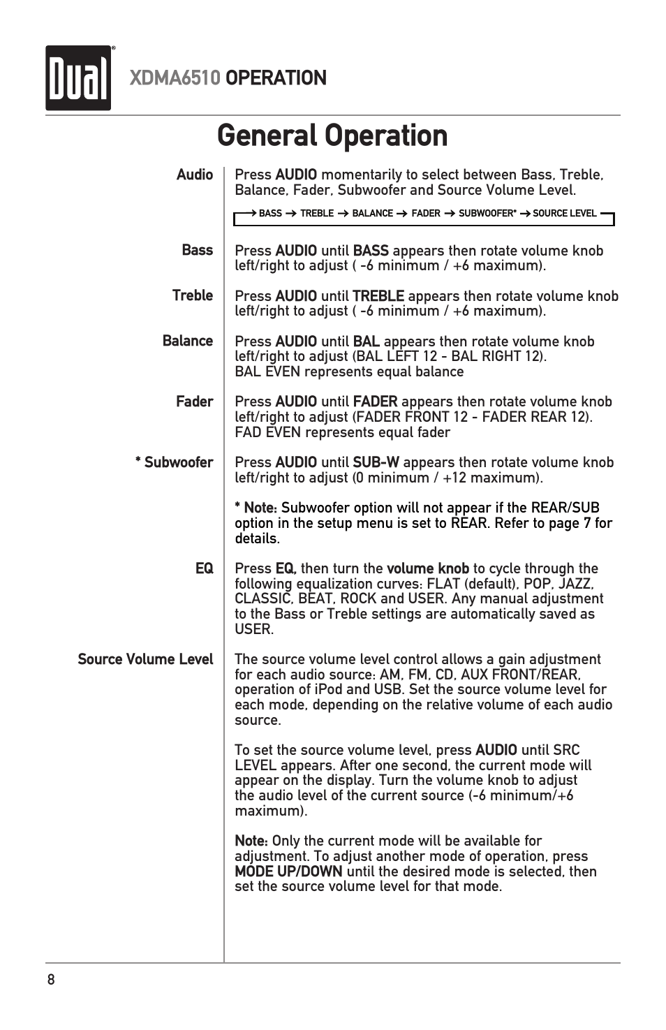 General operation, Xdma6510 operation | Dual Electronics XDMA6510 User Manual | Page 8 / 28