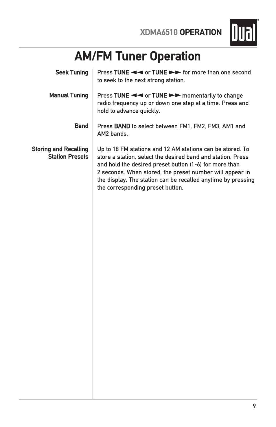 Am/fm tuner operation | Dual Electronics XDMA6510 User Manual | Page 9 / 28