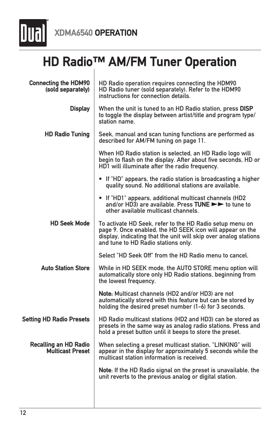 Hd radio™ am/fm tuner operation, Xdma6540 operation | Dual Electronics XDMA6540 User Manual | Page 12 / 36