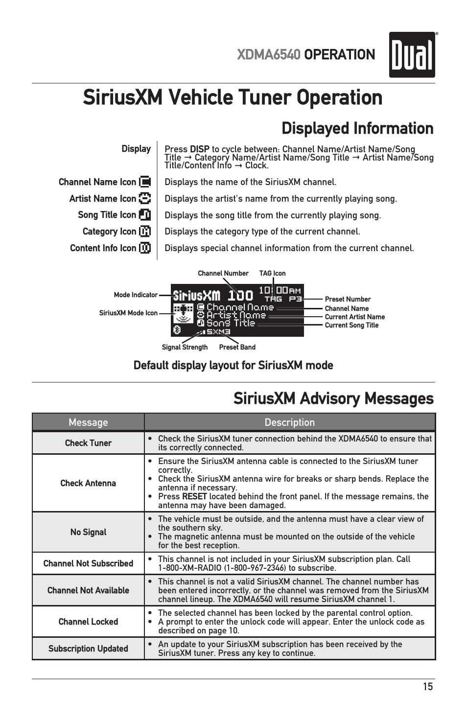Siriusxm vehicle tuner operation, Displayed information, Siriusxm advisory messages | Xdma6540 operation, Default display layout for siriusxm mode | Dual Electronics XDMA6540 User Manual | Page 15 / 36