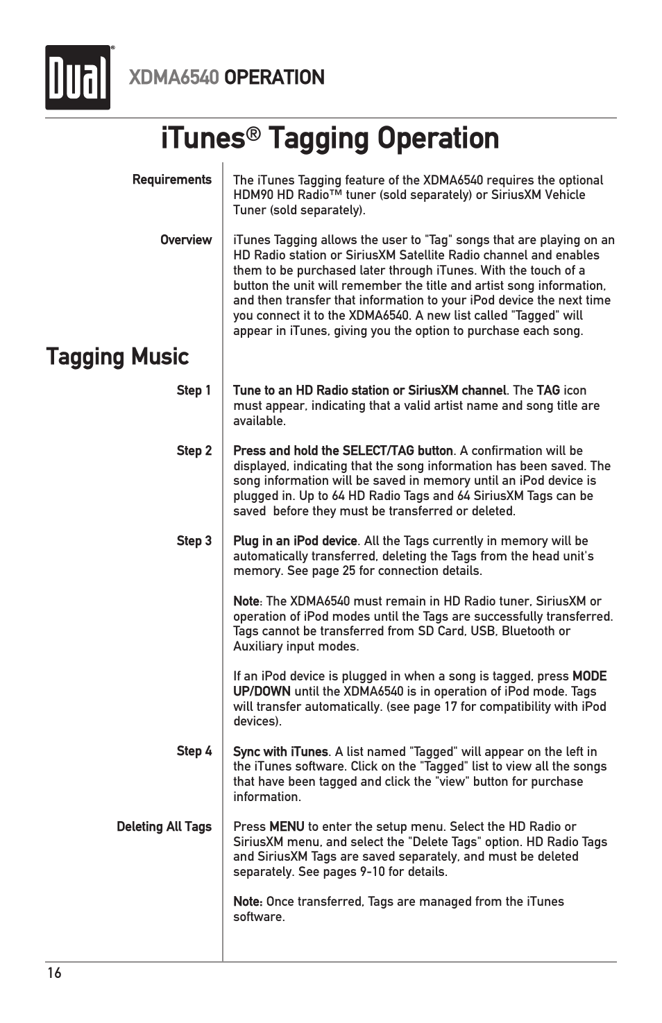 Itunes, Tagging operation, Tagging music | Xdma6540 operation | Dual Electronics XDMA6540 User Manual | Page 16 / 36