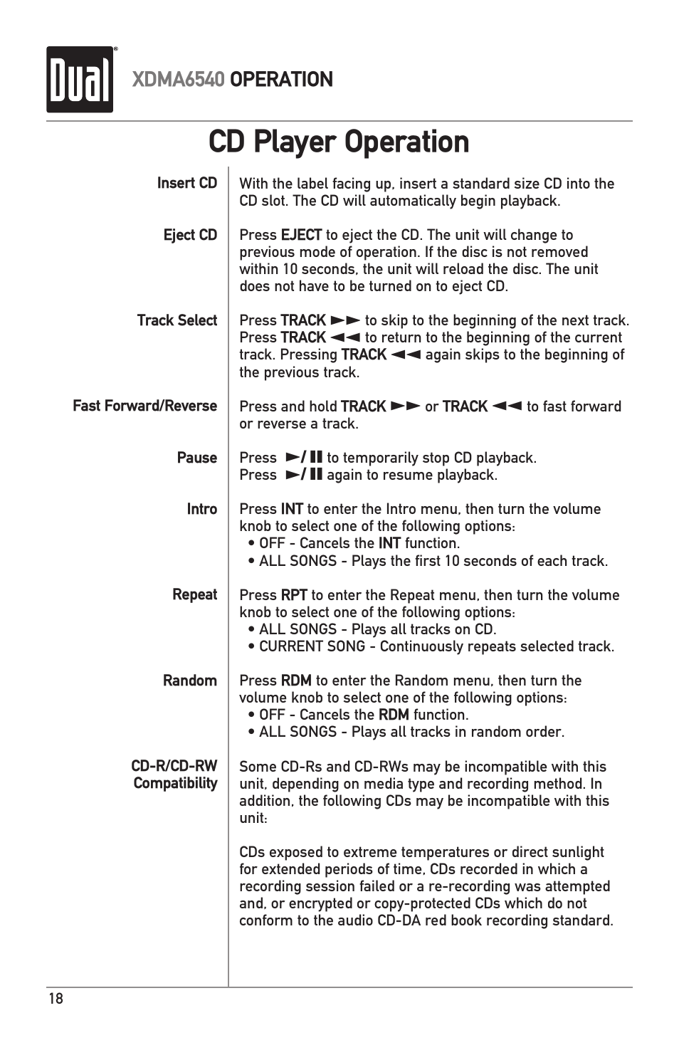 Cd player operation, Xdma6540 operation | Dual Electronics XDMA6540 User Manual | Page 18 / 36