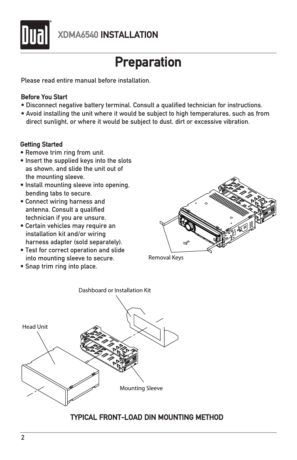 Preparation, Xdma6540 installation | Dual Electronics XDMA6540 User Manual | Page 2 / 36