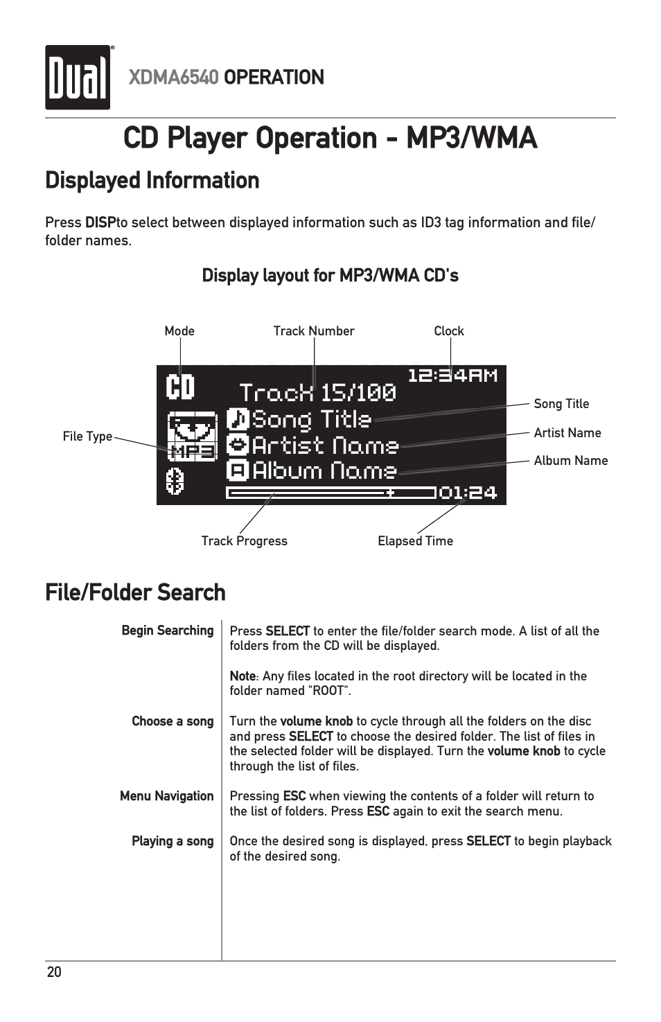 Cd player operation - mp3/wma, Displayed information file/folder search, Xdma6540 operation | Dual Electronics XDMA6540 User Manual | Page 20 / 36
