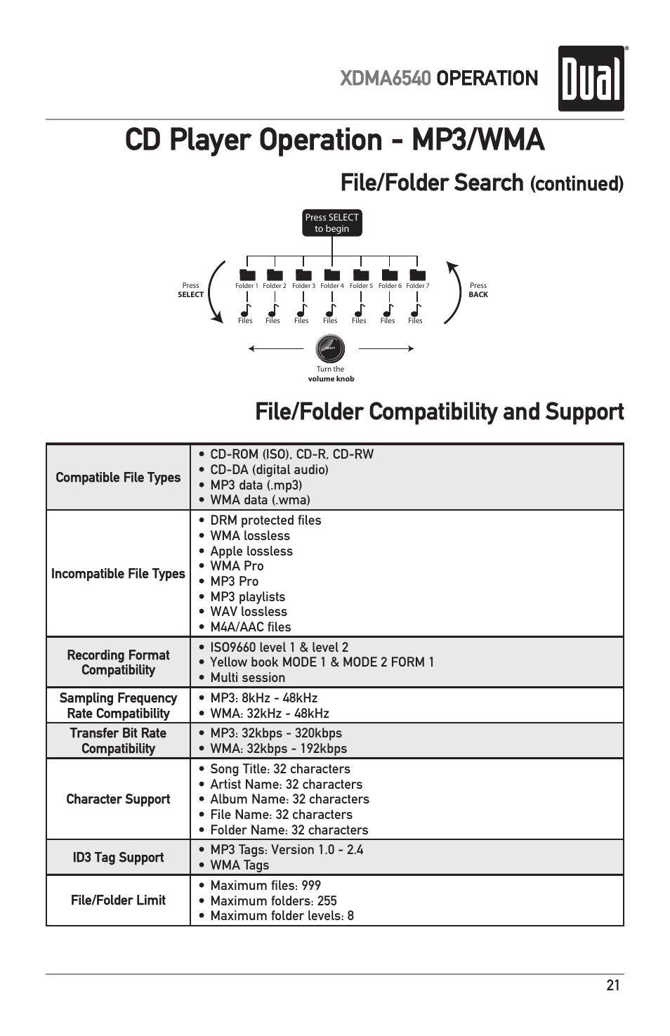 Cd player operation - mp3/wma, File/folder compatibility and support, File/folder search | Xdma6540 operation, Continued) | Dual Electronics XDMA6540 User Manual | Page 21 / 36