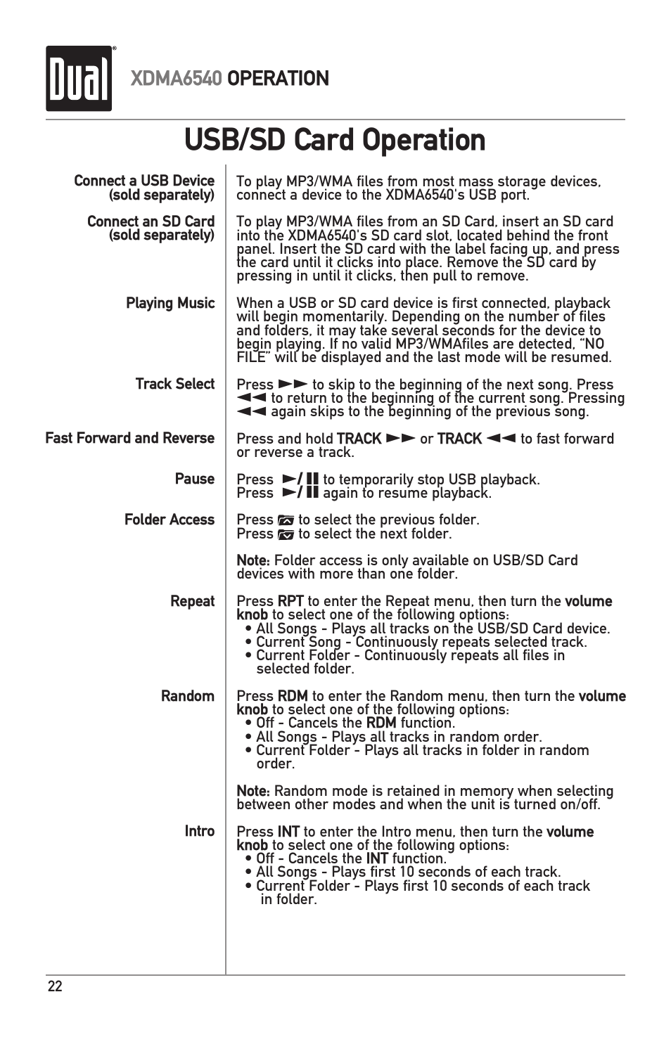 Usb/sd card operation, Xdma6540 operation | Dual Electronics XDMA6540 User Manual | Page 22 / 36