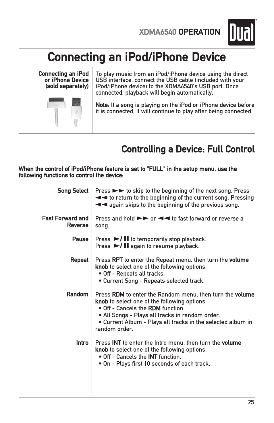 Connecting an ipod/iphone device, Controlling a device: full control, Xdma6540 operation | Dual Electronics XDMA6540 User Manual | Page 25 / 36