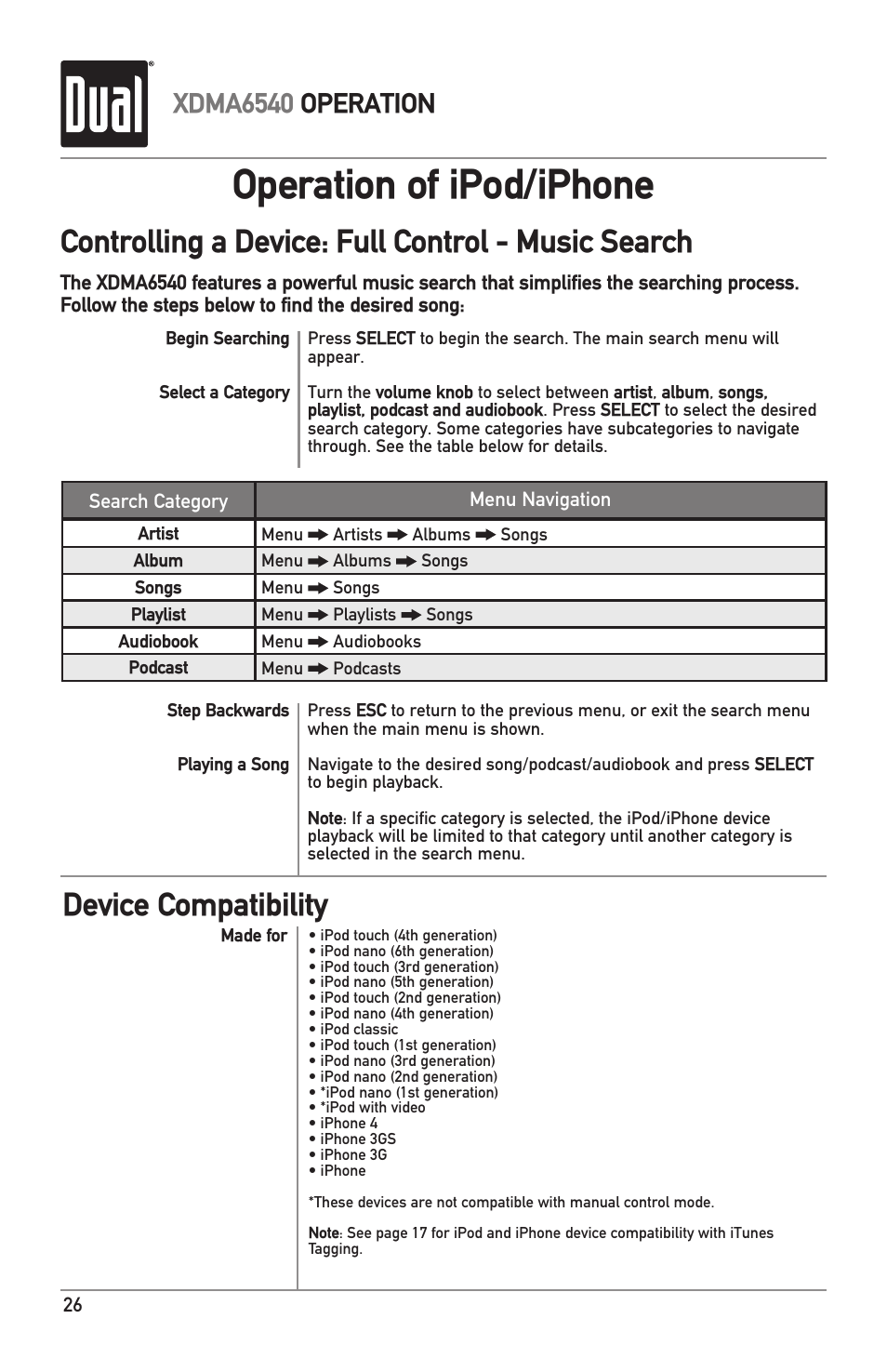 Operation of ipod/iphone, Controlling a device: full control - music search, Device compatibility | Xdma6540 operation | Dual Electronics XDMA6540 User Manual | Page 26 / 36