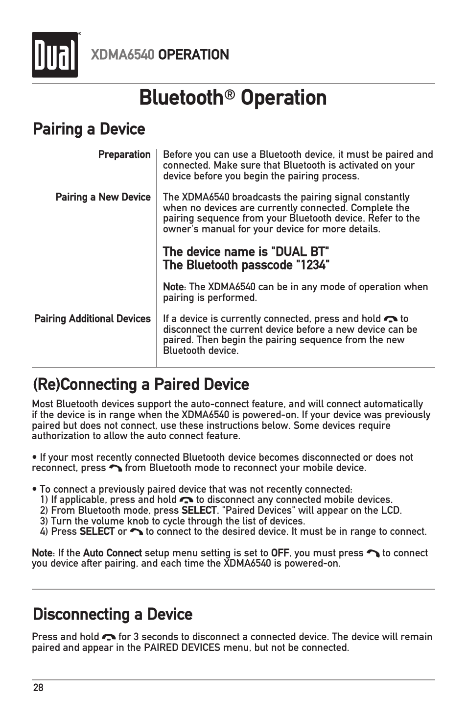 Bluetooth, Operation, Xdma6540 operation | Dual Electronics XDMA6540 User Manual | Page 28 / 36