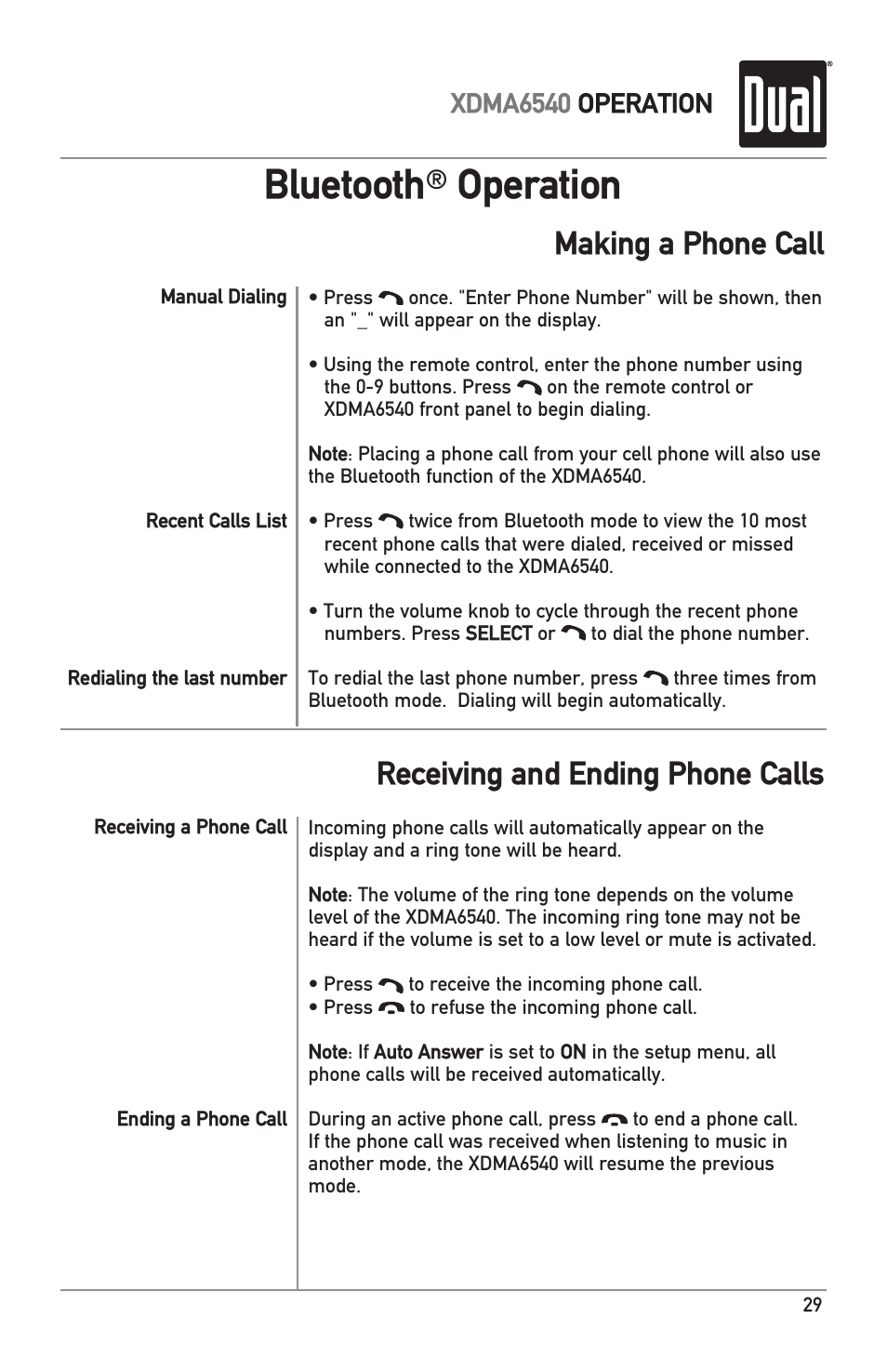 Bluetooth, Operation, Making a phone call | Receiving and ending phone calls, Xdma6540 operation | Dual Electronics XDMA6540 User Manual | Page 29 / 36