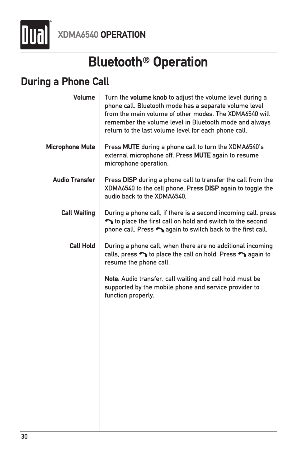 Bluetooth, Operation, During a phone call | Xdma6540 operation | Dual Electronics XDMA6540 User Manual | Page 30 / 36