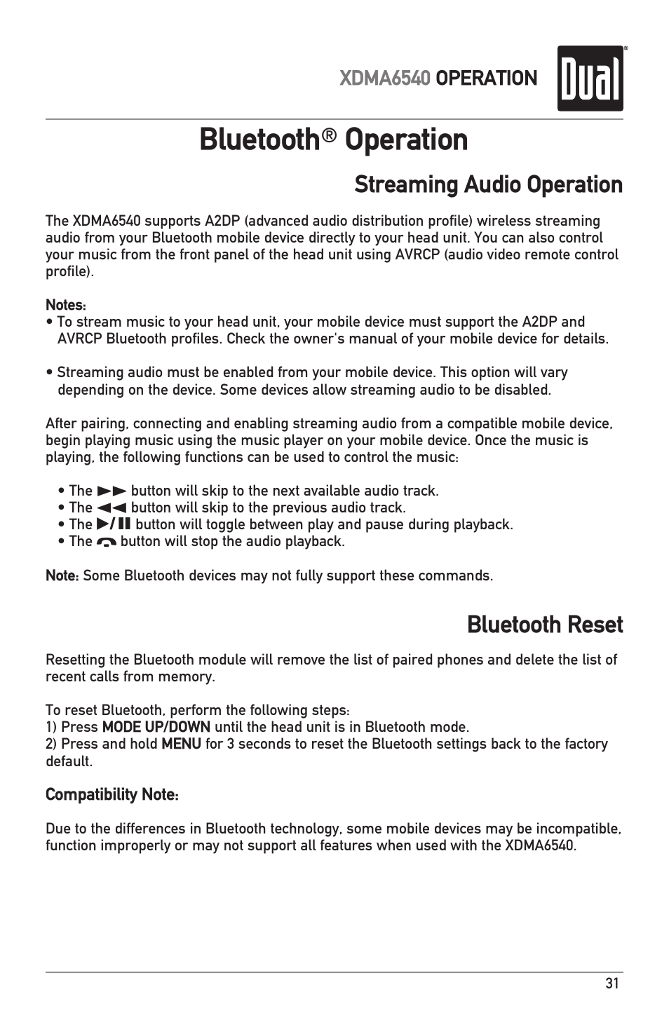 Bluetooth, Operation, Streaming audio operation bluetooth reset | Dual Electronics XDMA6540 User Manual | Page 31 / 36